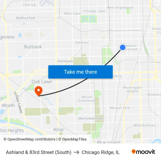 Ashland & 83rd Street (South) to Chicago Ridge, IL map