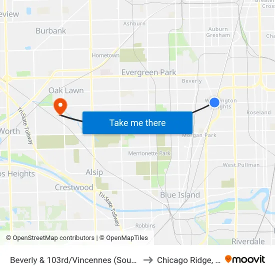 Beverly & 103rd/Vincennes (South) to Chicago Ridge, IL map