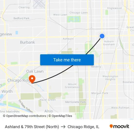 Ashland & 79th Street (North) to Chicago Ridge, IL map