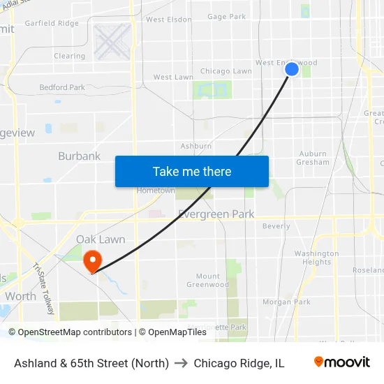 Ashland & 65th Street (North) to Chicago Ridge, IL map