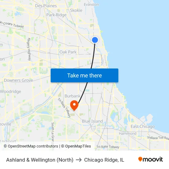 Ashland & Wellington (North) to Chicago Ridge, IL map