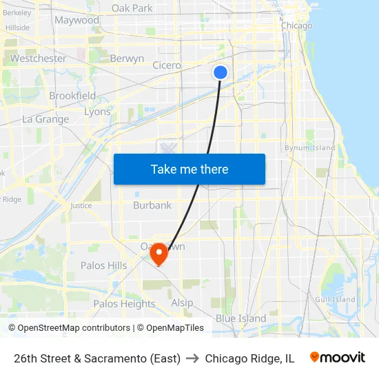 26th Street & Sacramento (East) to Chicago Ridge, IL map