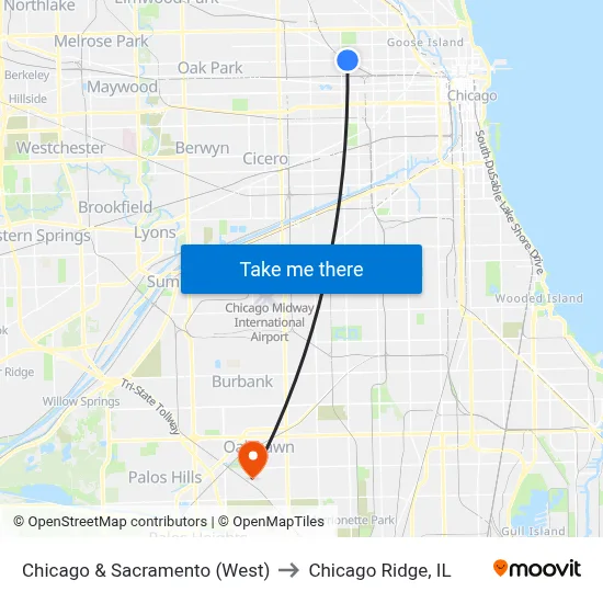 Chicago & Sacramento (West) to Chicago Ridge, IL map