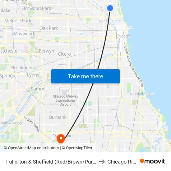 Fullerton & Sheffield (Red/Brown/Purple Line) (East) to Chicago Ridge, IL map
