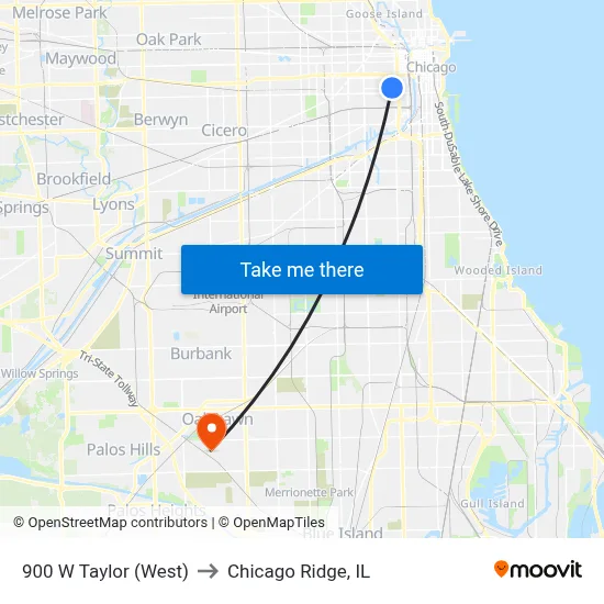 900 W Taylor (West) to Chicago Ridge, IL map