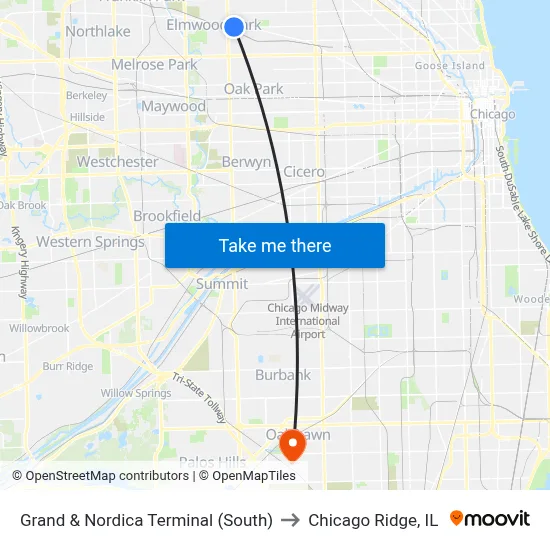Grand & Nordica Terminal (South) to Chicago Ridge, IL map