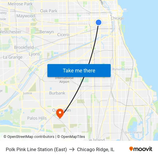 Polk Pink Line Station (East) to Chicago Ridge, IL map
