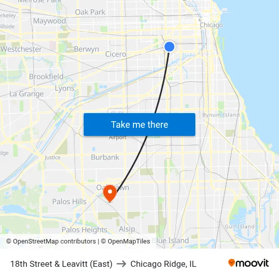 18th Street & Leavitt (East) to Chicago Ridge, IL map