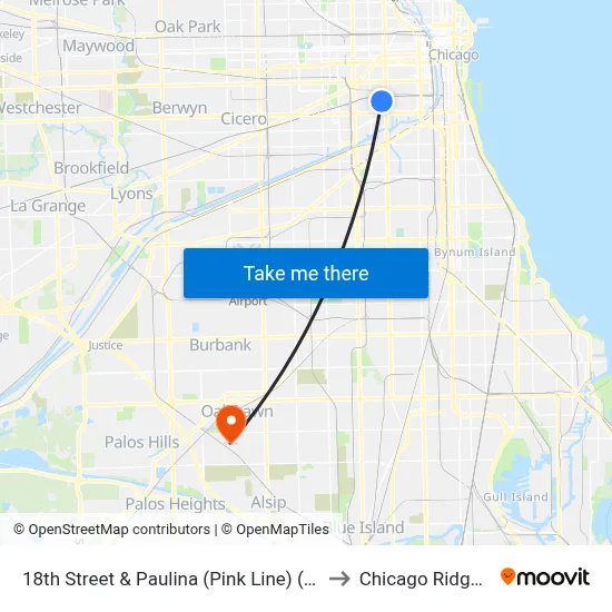 18th Street & Paulina (Pink Line) (East) to Chicago Ridge, IL map