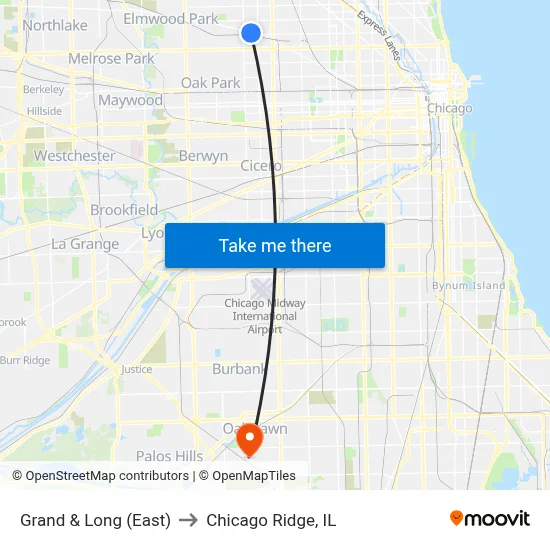 Grand & Long (East) to Chicago Ridge, IL map