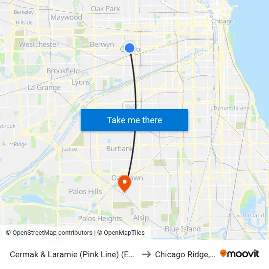 Cermak & Laramie (Pink Line) (East) to Chicago Ridge, IL map