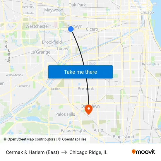 Cermak & Harlem (East) to Chicago Ridge, IL map