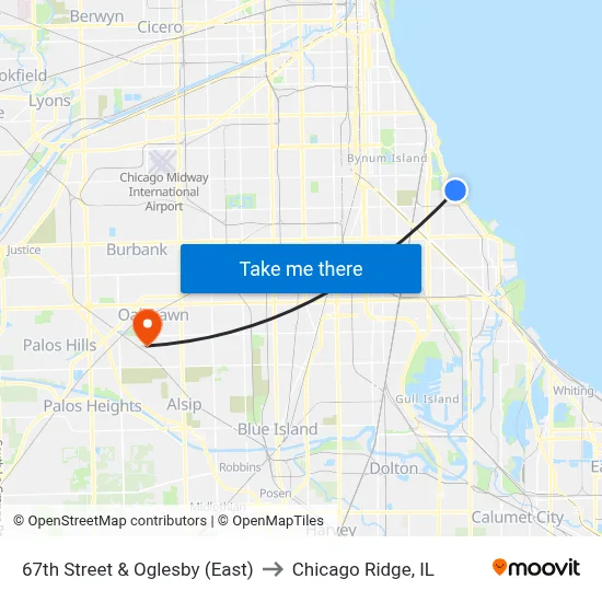 67th Street & Oglesby (East) to Chicago Ridge, IL map