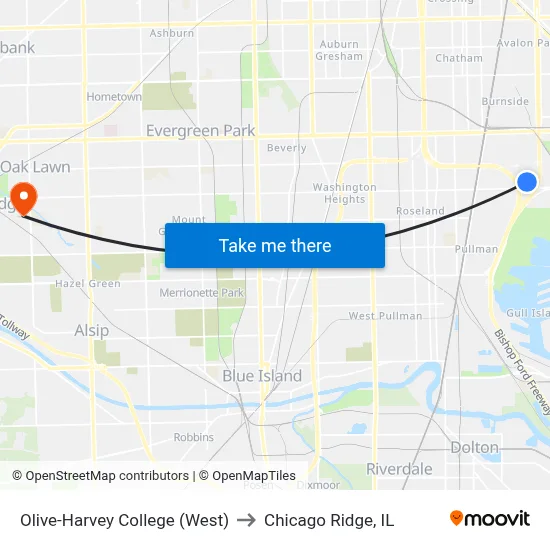 Olive-Harvey College (West) to Chicago Ridge, IL map