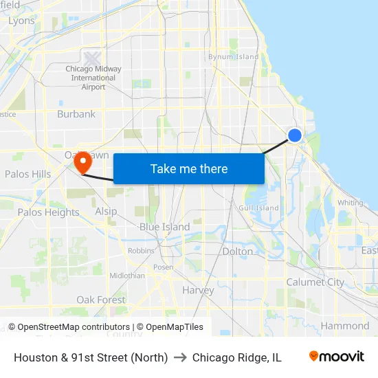 Houston & 91st Street (North) to Chicago Ridge, IL map