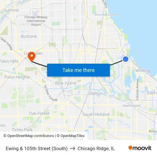 Ewing & 105th Street (South) to Chicago Ridge, IL map