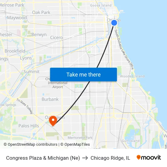 Congress Plaza & Michigan (Ne) to Chicago Ridge, IL map