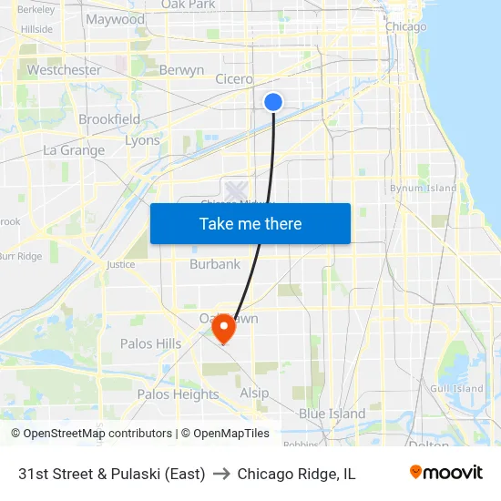 31st Street & Pulaski (East) to Chicago Ridge, IL map