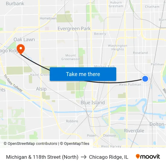 Michigan & 118th Street (North) to Chicago Ridge, IL map