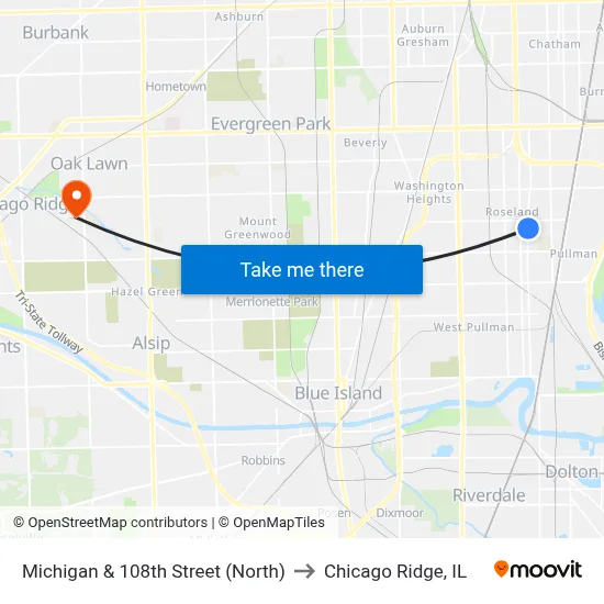 Michigan & 108th Street (North) to Chicago Ridge, IL map