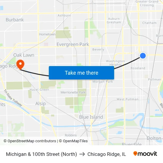 Michigan & 100th Street (North) to Chicago Ridge, IL map