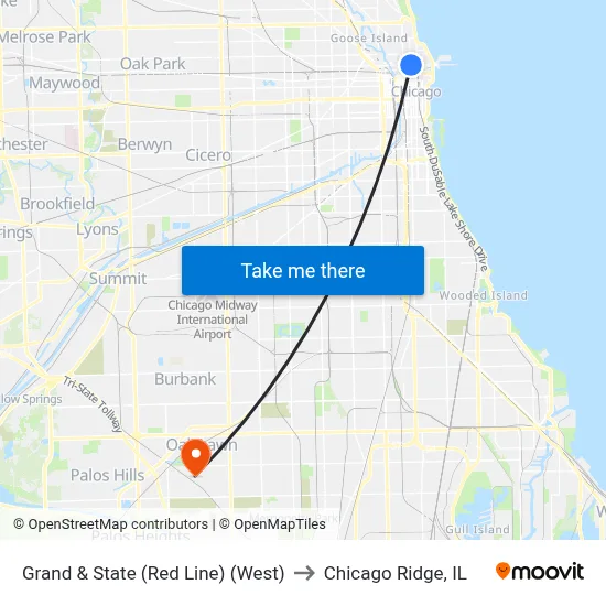 Grand & State (Red Line) (West) to Chicago Ridge, IL map