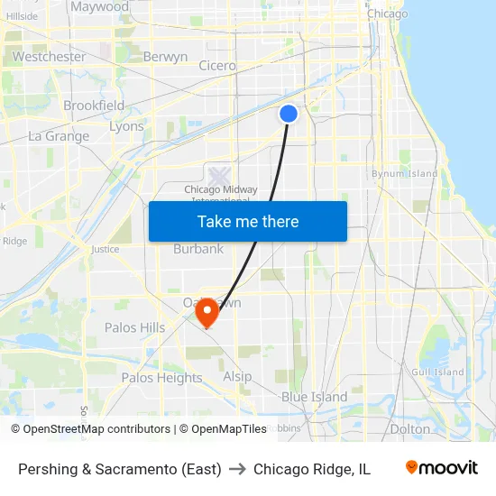 Pershing & Sacramento (East) to Chicago Ridge, IL map