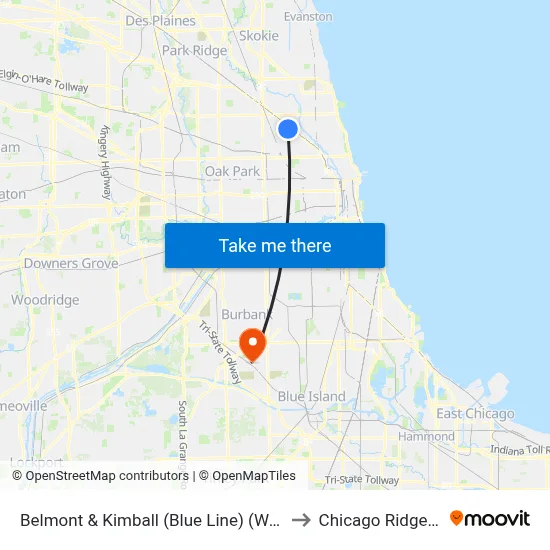 Belmont & Kimball (Blue Line) (West) to Chicago Ridge, IL map