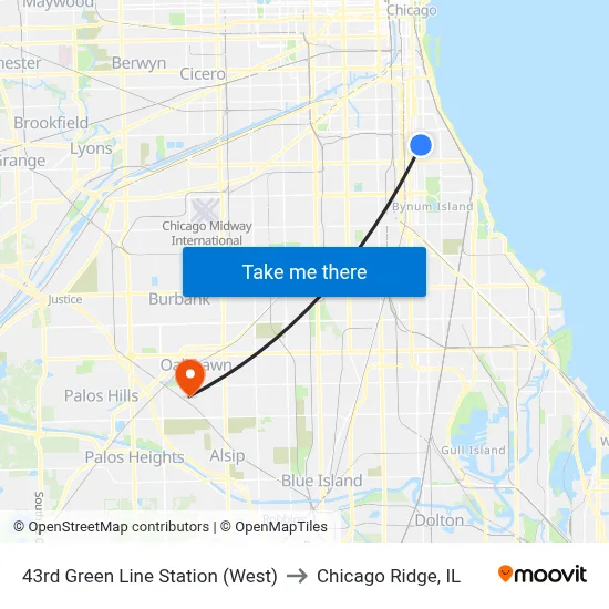 43rd Green Line Station (West) to Chicago Ridge, IL map