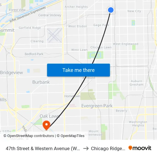 47th Street & Western Avenue (West) to Chicago Ridge, IL map