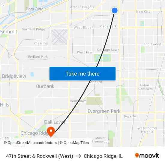 47th Street & Rockwell (West) to Chicago Ridge, IL map