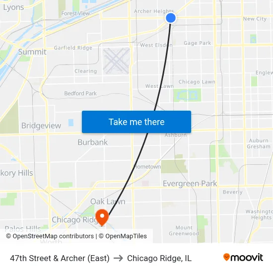 47th Street & Archer (East) to Chicago Ridge, IL map
