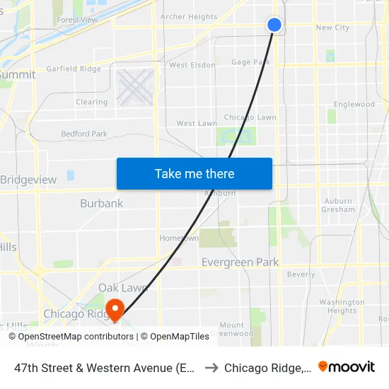 47th Street & Western Avenue (East) to Chicago Ridge, IL map