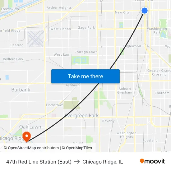 47th Red Line Station (East) to Chicago Ridge, IL map