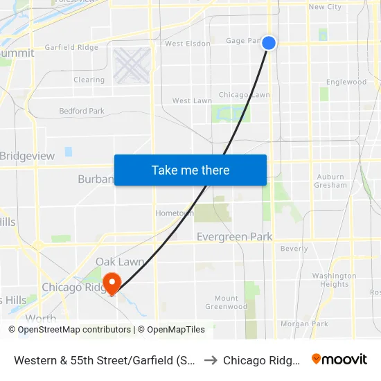 Western & 55th Street/Garfield (South) to Chicago Ridge, IL map