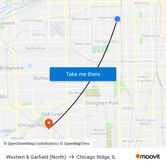 Western & Garfield (North) to Chicago Ridge, IL map
