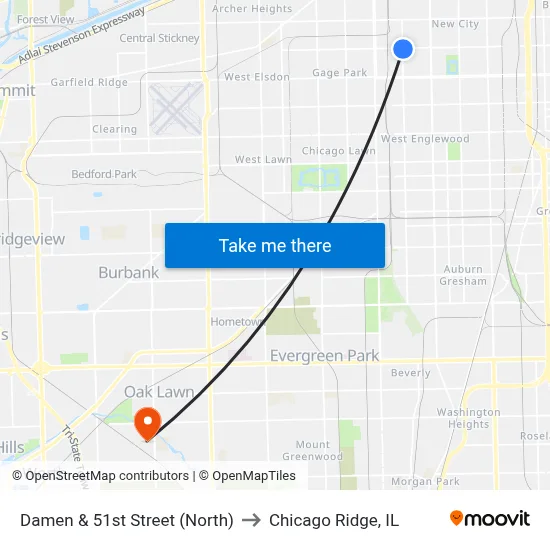 Damen & 51st Street (North) to Chicago Ridge, IL map
