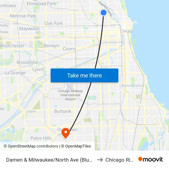 Damen & Milwaukee/North Ave (Blue Line) (North) to Chicago Ridge, IL map