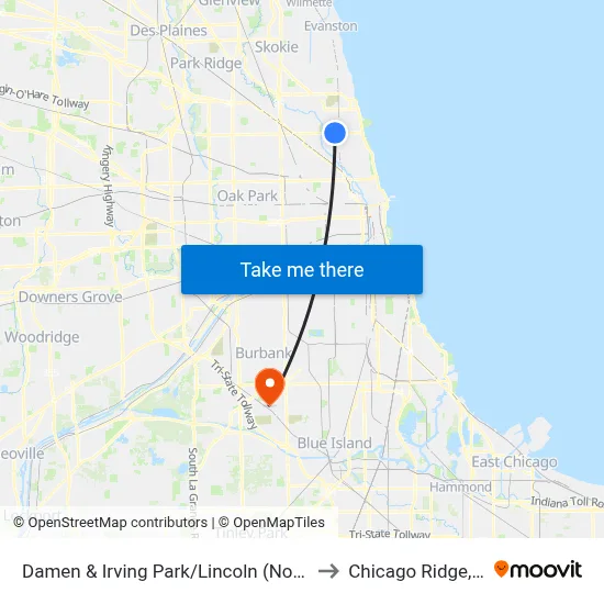 Damen & Irving Park/Lincoln (North) to Chicago Ridge, IL map