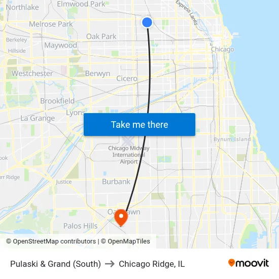 Pulaski & Grand (South) to Chicago Ridge, IL map