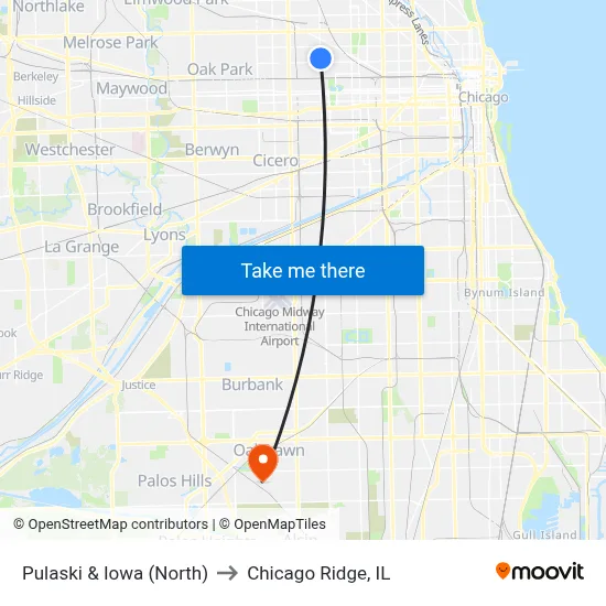 Pulaski & Iowa (North) to Chicago Ridge, IL map