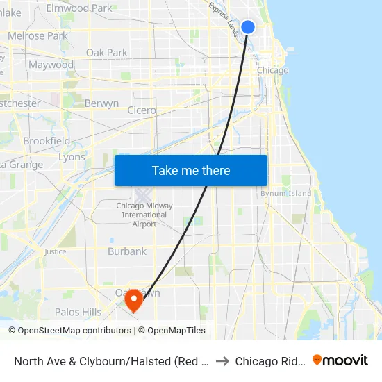 North Ave & Clybourn/Halsted (Red Line) (East) to Chicago Ridge, IL map