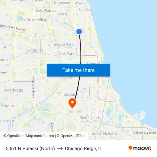 5061 N Pulaski (North) to Chicago Ridge, IL map