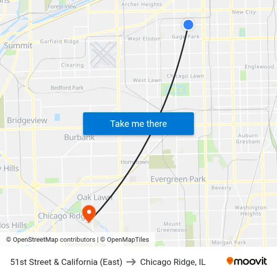 51st Street & California (East) to Chicago Ridge, IL map