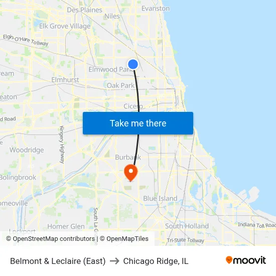 Belmont & Leclaire (East) to Chicago Ridge, IL map