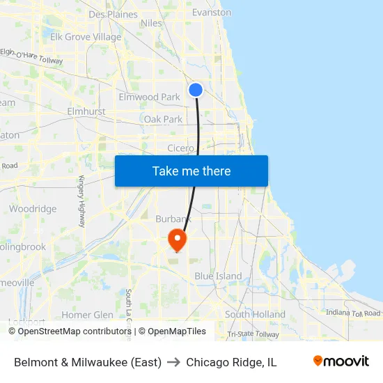 Belmont & Milwaukee (East) to Chicago Ridge, IL map