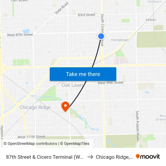 87th Street & Cicero Terminal (West) to Chicago Ridge, IL map