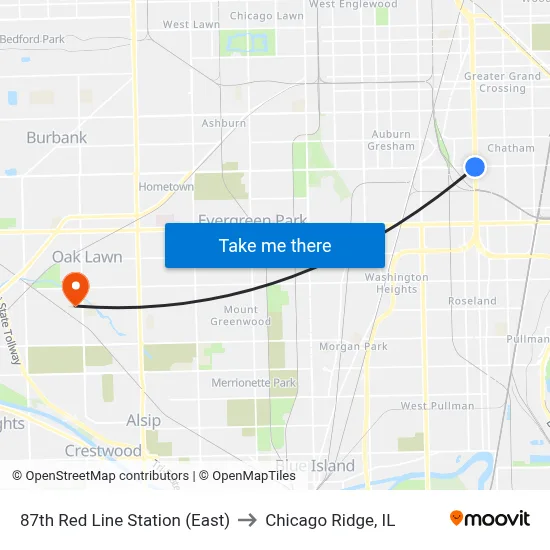 87th Red Line Station (East) to Chicago Ridge, IL map