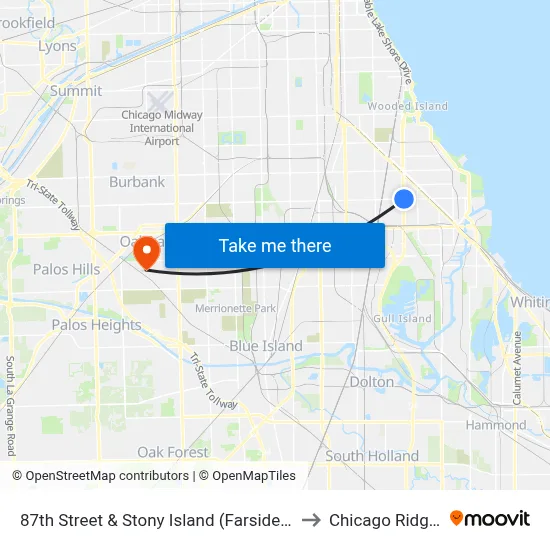 87th Street & Stony Island (Farside) (East) to Chicago Ridge, IL map