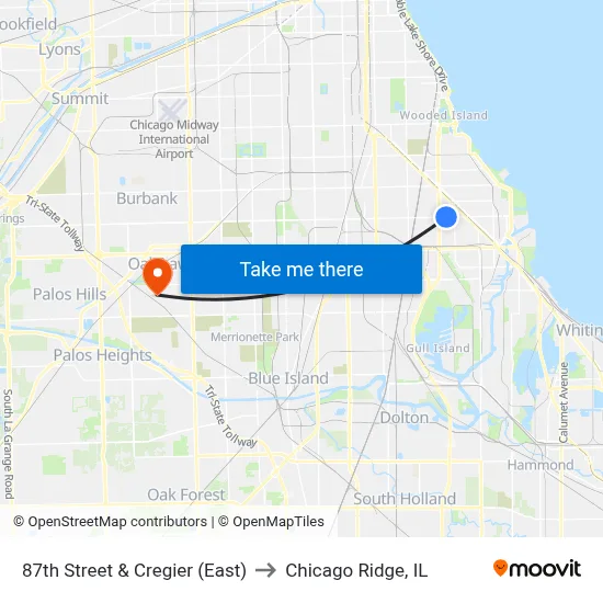 87th Street & Cregier (East) to Chicago Ridge, IL map
